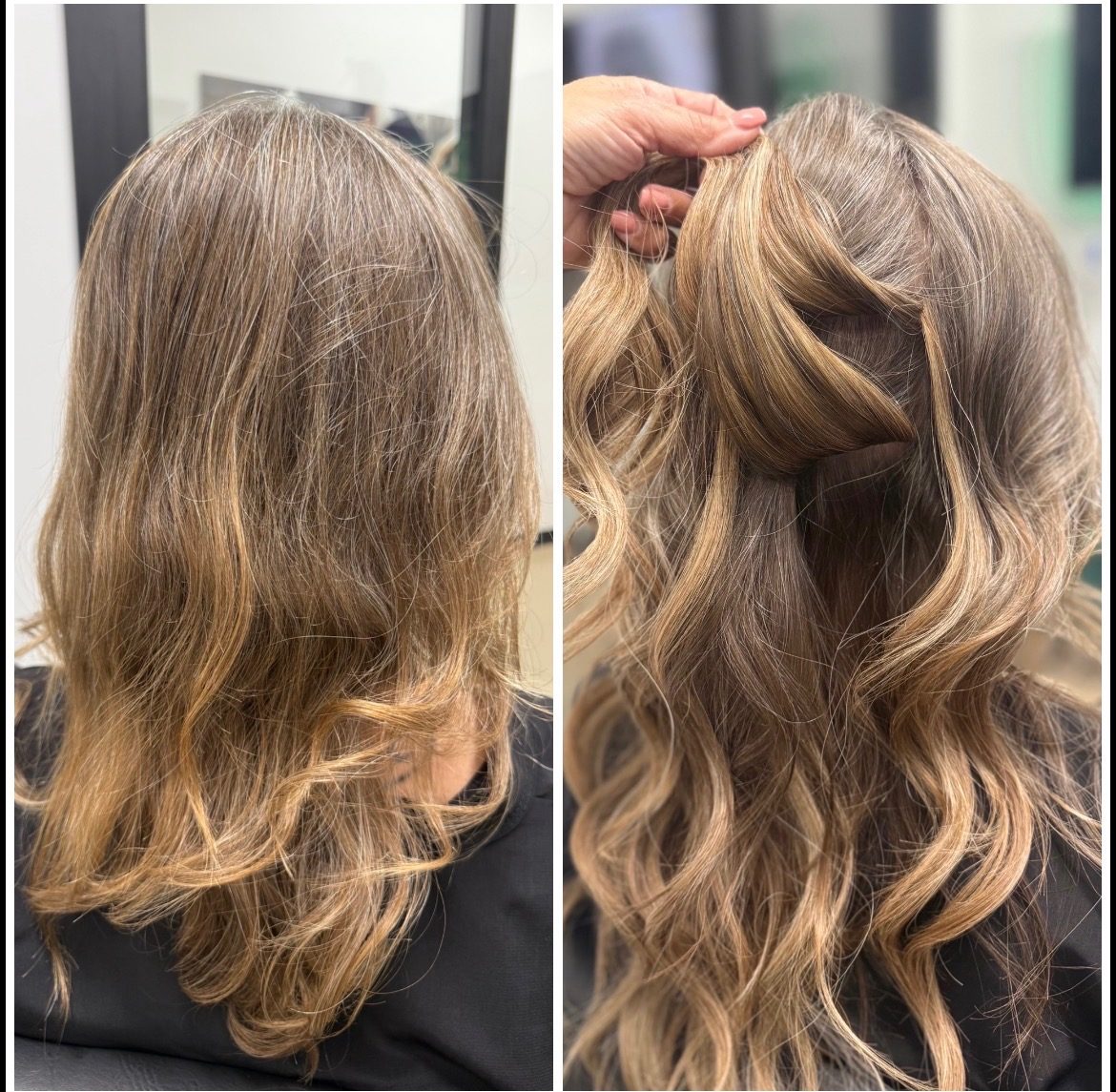 Before and after Invisible Bead Extensions by Rachelle LaNae: thin shoulder-length hair on the left, fuller, longer soft waves with a seamlessly blended row on the right